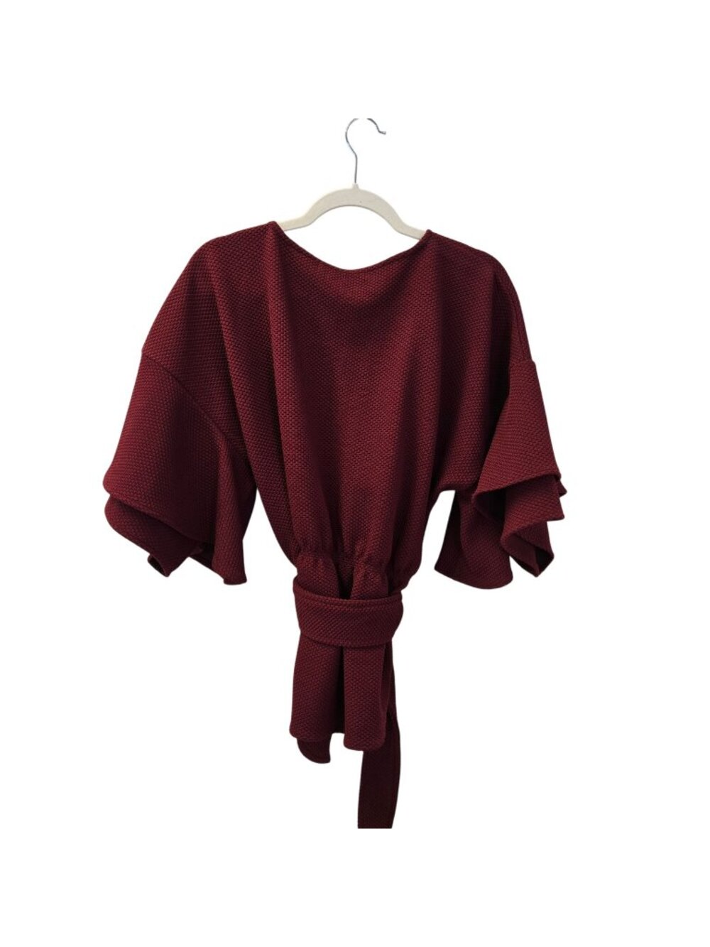 Anthropologie Eva Franco Burgundy Ruffle-Sleeve Tie-Waist Top Size Medium